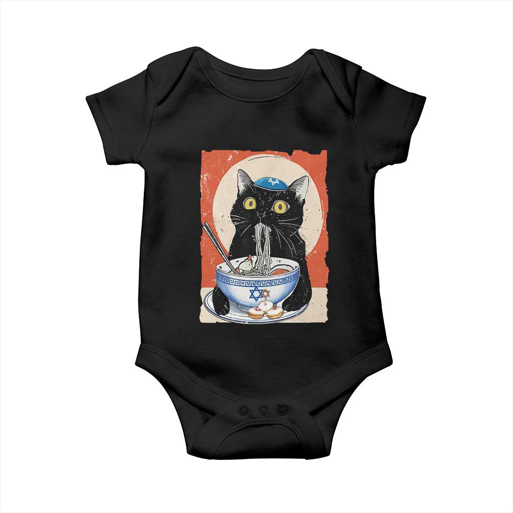 Funny Hanukkah Black Cat Eating Noodle Baby Onesie