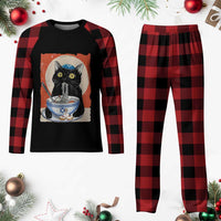 Funny Hanukkah Black Cat Eating Noodle Plaid Pajama Set - Wonder Print Shop