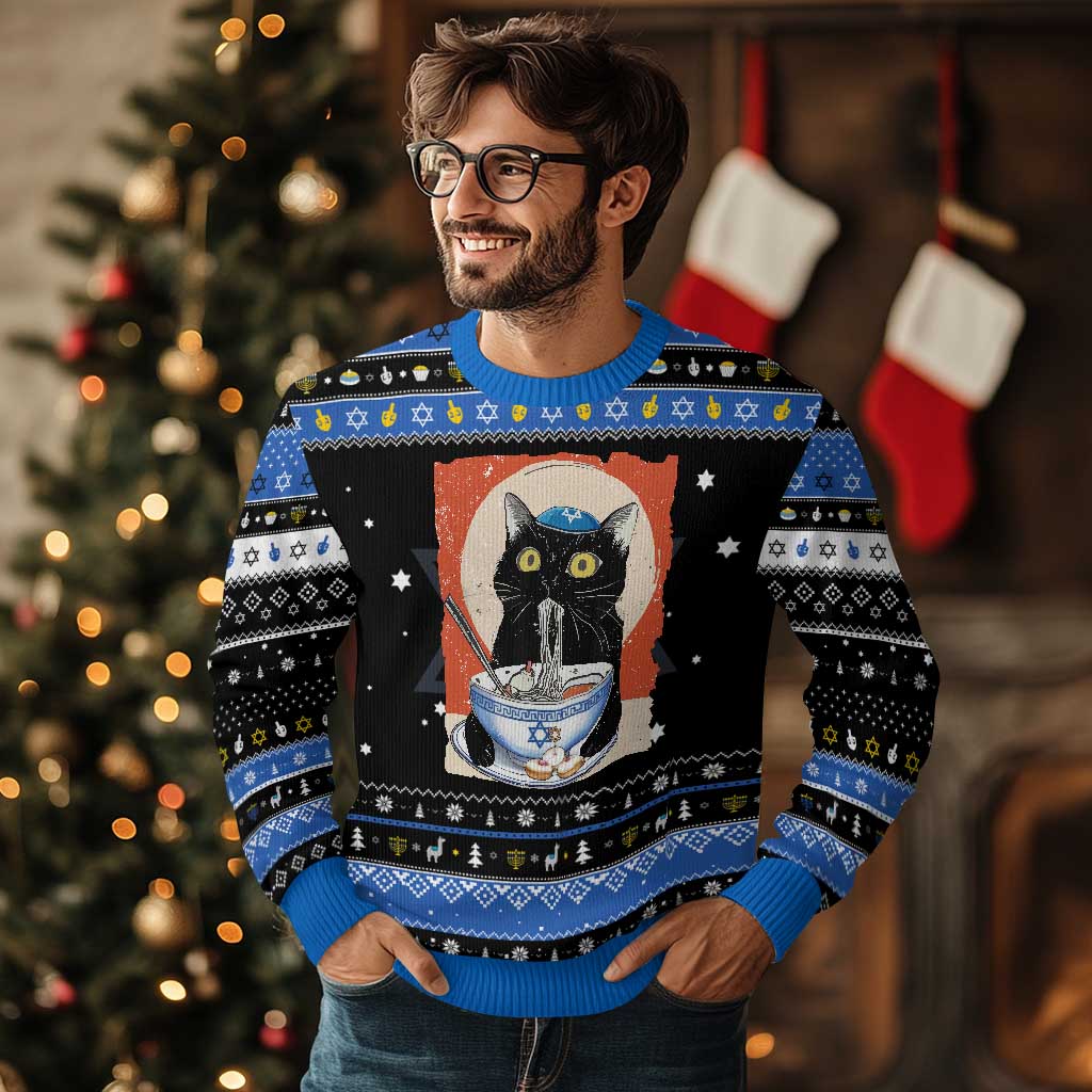 Funny Chanukah Black Cat Eating Noodle Hanukkah Ugly Sweater - Wonder Print Shop