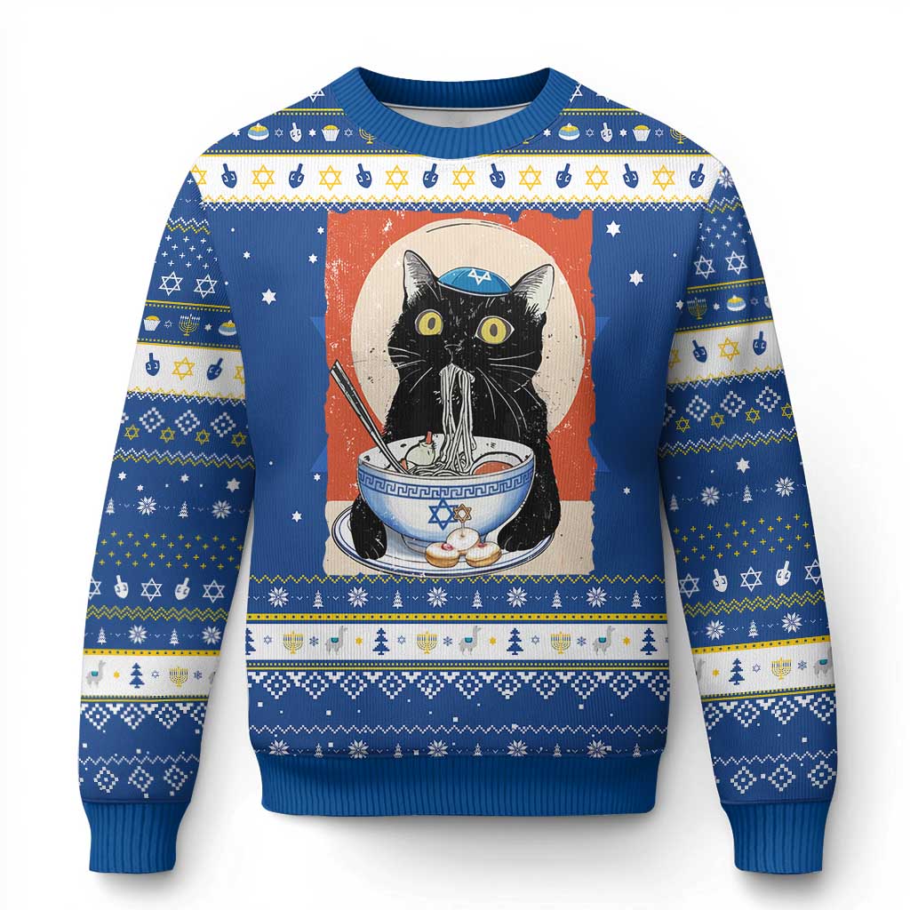 Funny Chanukah Black Cat Eating Noodle Hanukkah Ugly Sweater - Wonder Print Shop