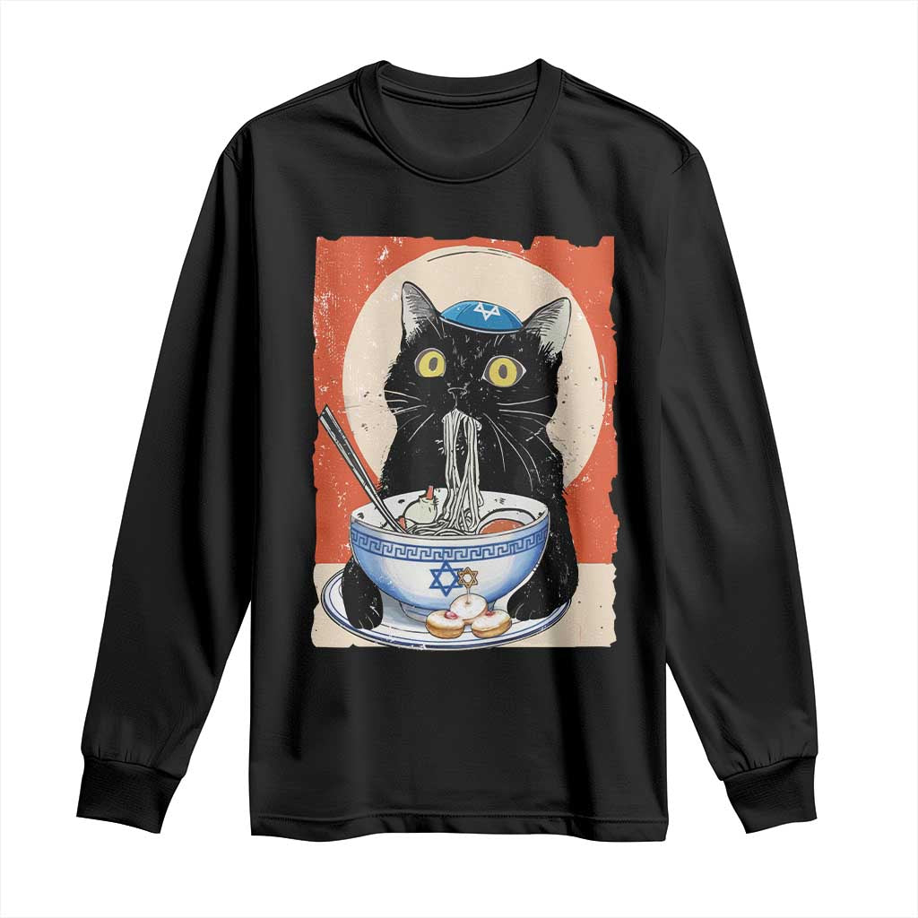 Funny Hanukkah Black Cat Eating Noodle Long Sleeve Shirt