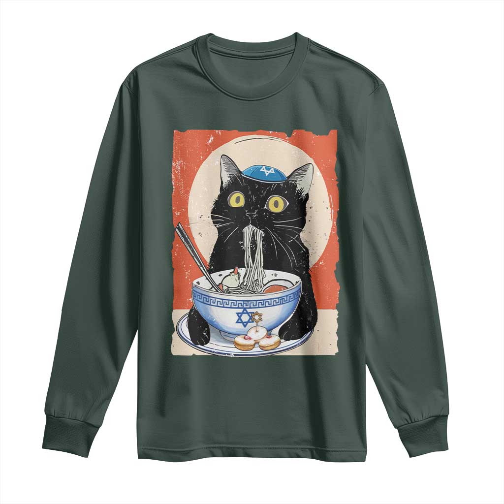 Funny Hanukkah Black Cat Eating Noodle Long Sleeve Shirt