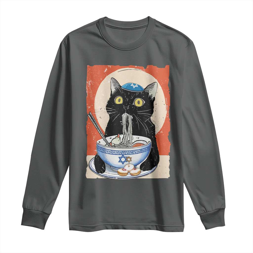 Funny Hanukkah Black Cat Eating Noodle Long Sleeve Shirt