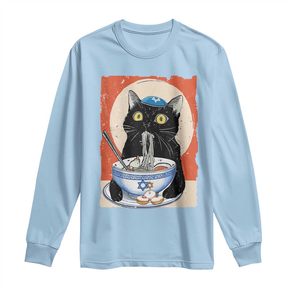 Funny Hanukkah Black Cat Eating Noodle Long Sleeve Shirt