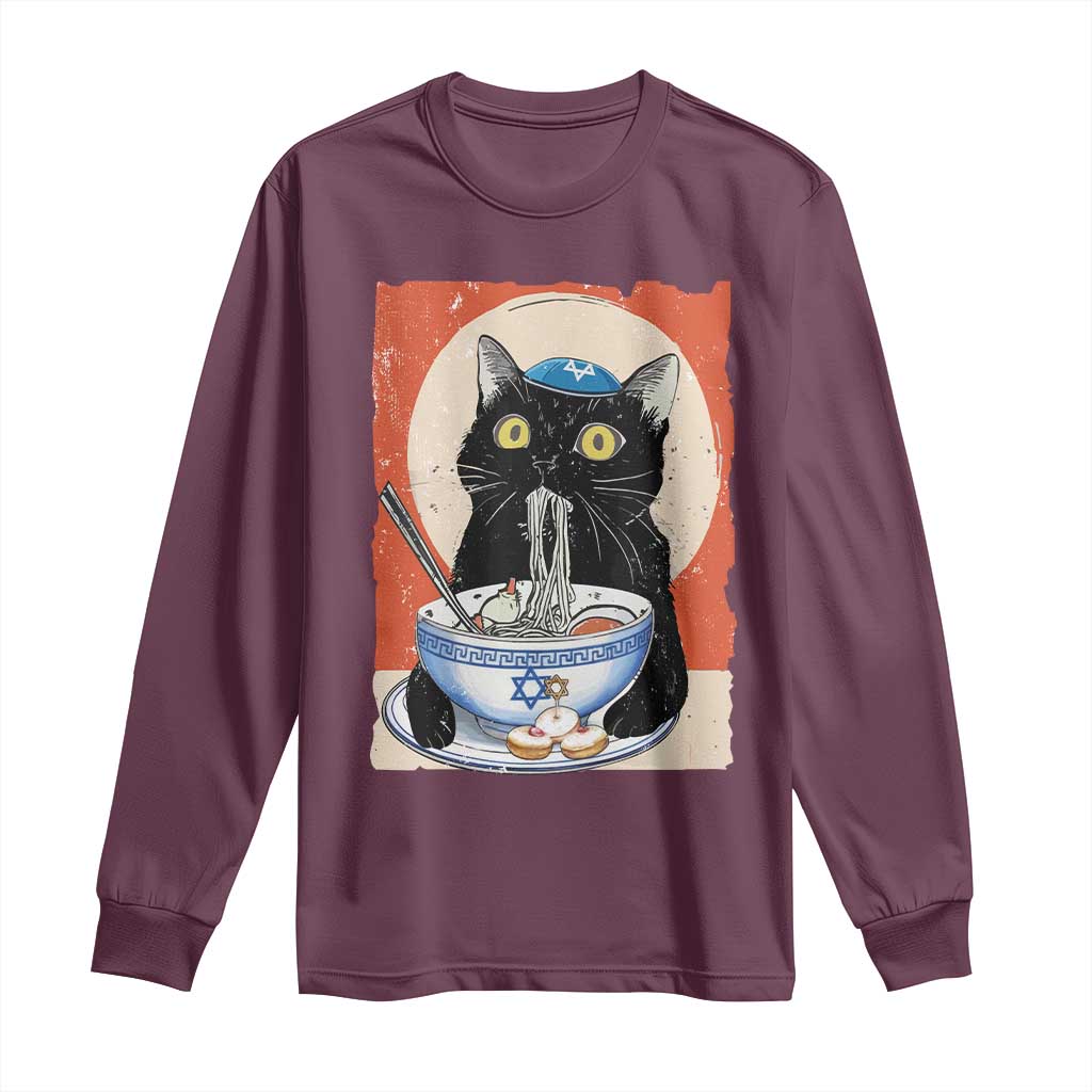 Funny Hanukkah Black Cat Eating Noodle Long Sleeve Shirt