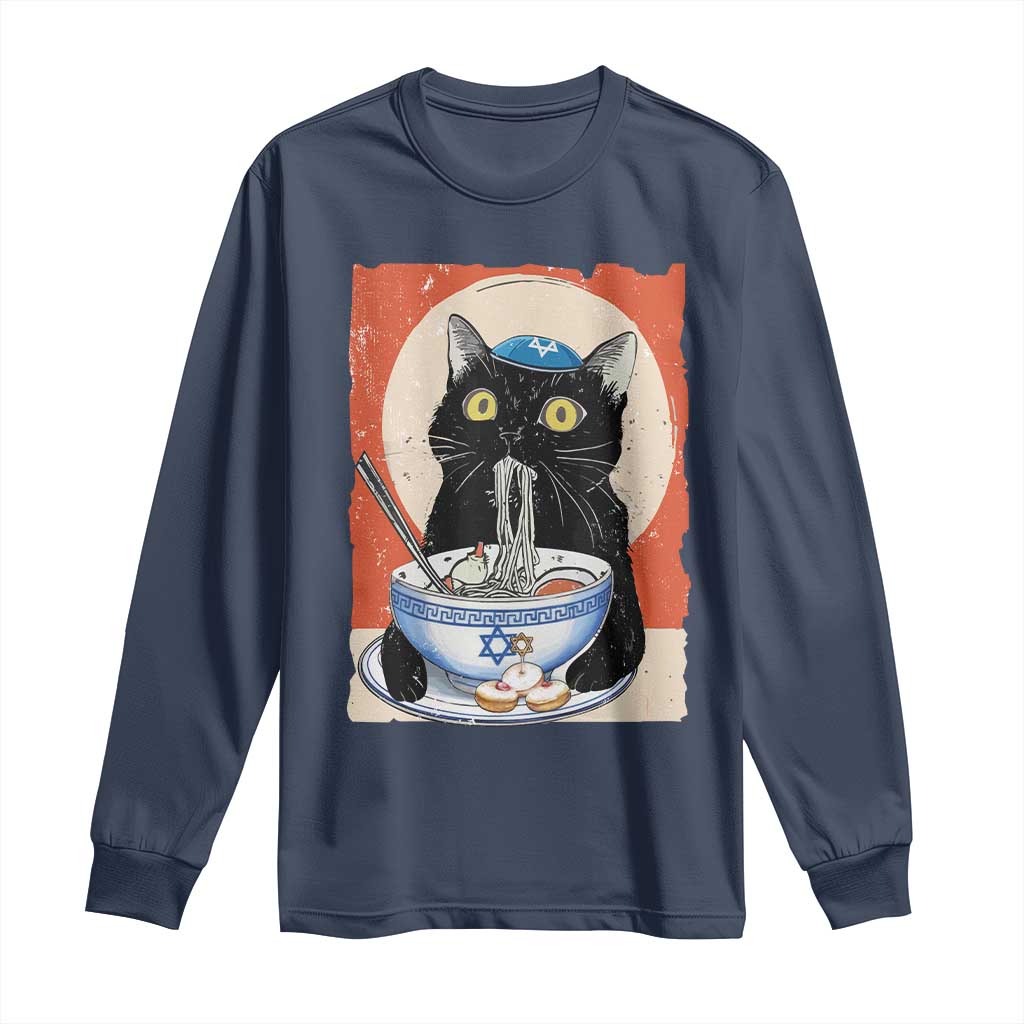 Funny Hanukkah Black Cat Eating Noodle Long Sleeve Shirt