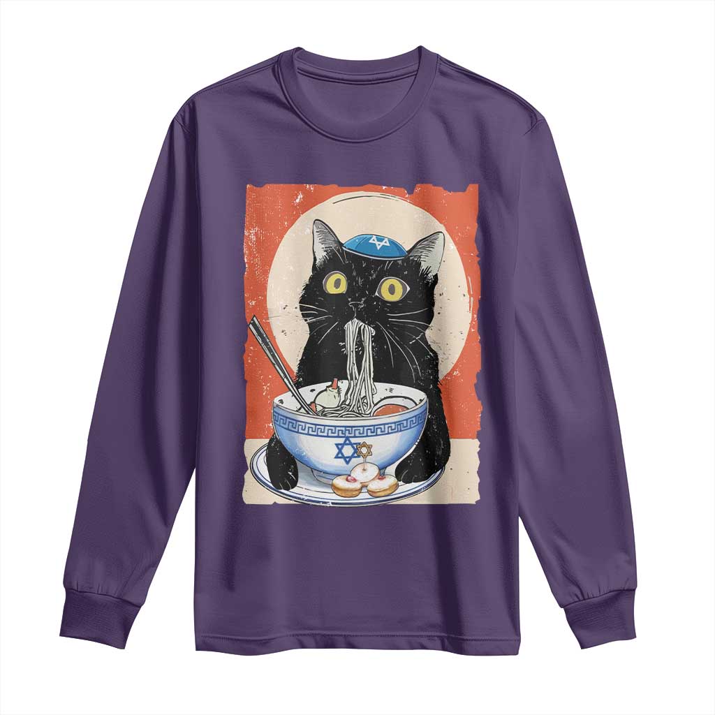Funny Hanukkah Black Cat Eating Noodle Long Sleeve Shirt