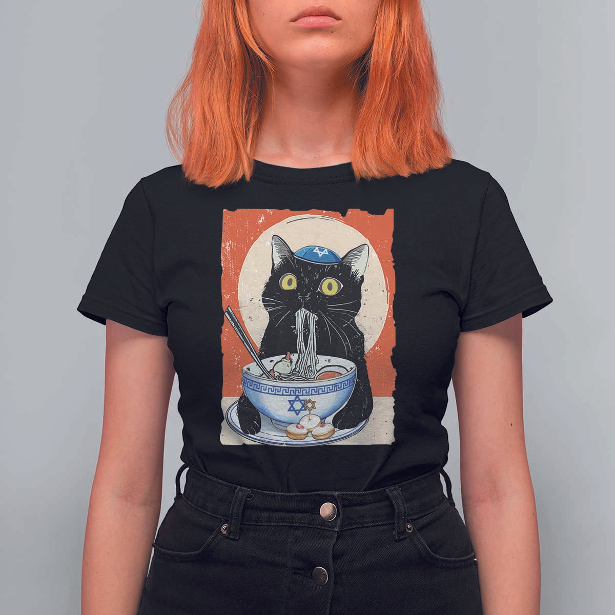 Funny Hanukkah Black Cat Chinese Noodle T Shirt For Women - Wonder Print Shop