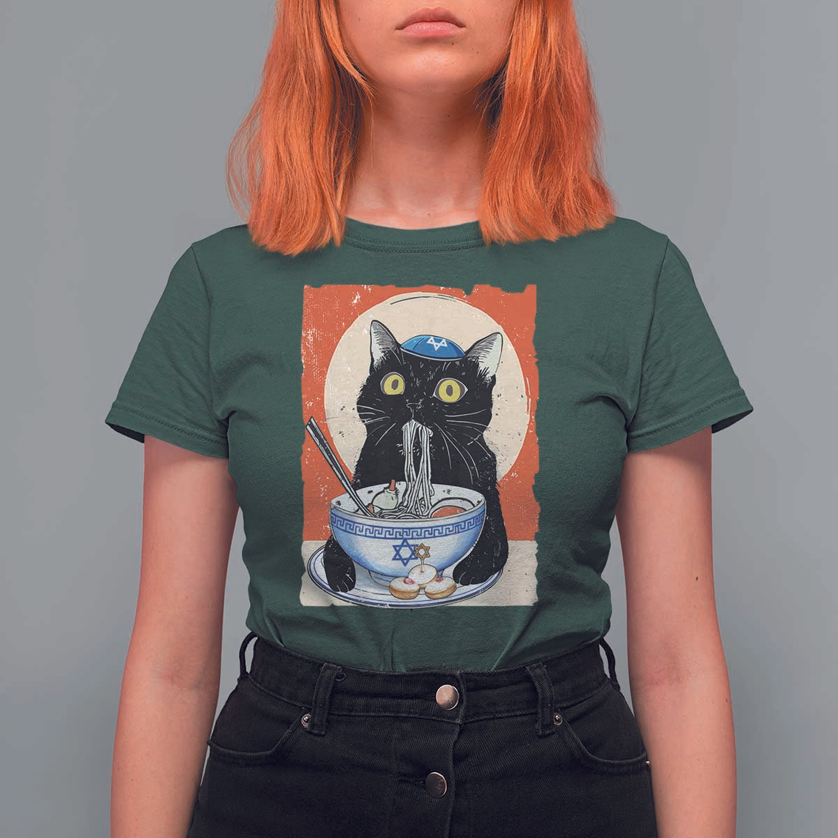 Funny Hanukkah Black Cat Chinese Noodle T Shirt For Women - Wonder Print Shop
