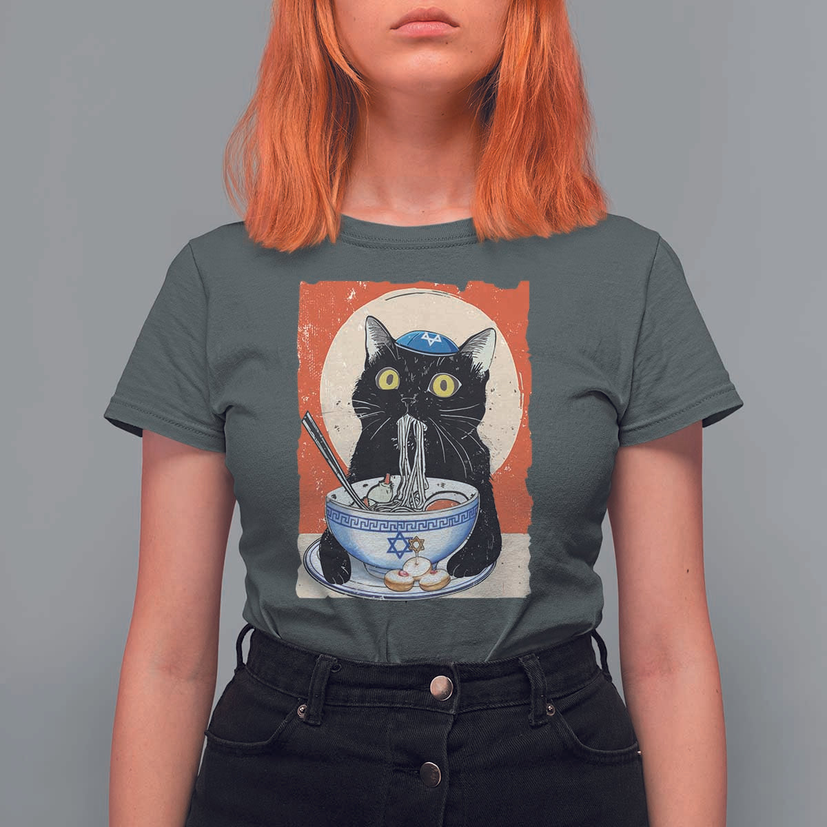 Funny Hanukkah Black Cat Chinese Noodle T Shirt For Women - Wonder Print Shop