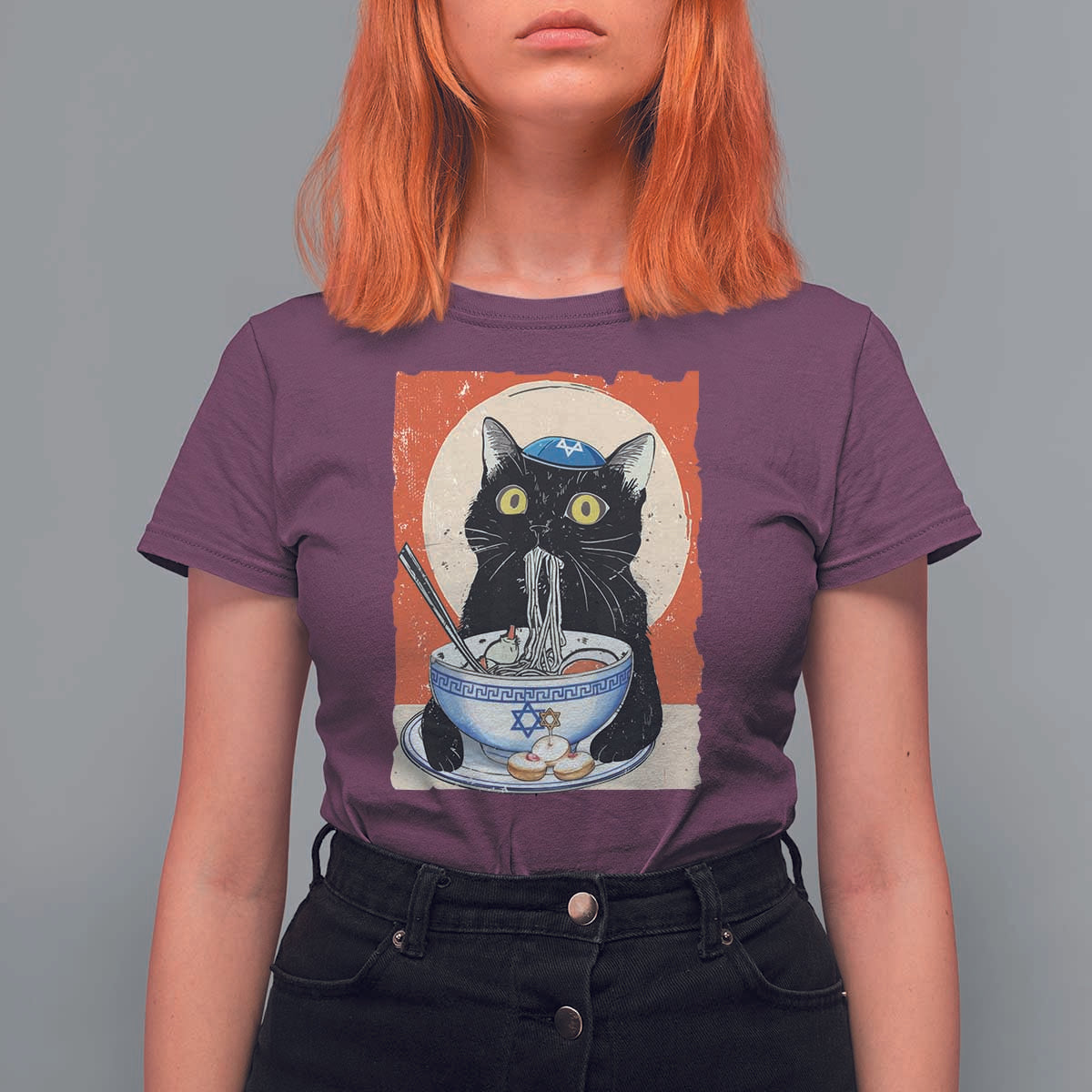 Funny Hanukkah Black Cat Chinese Noodle T Shirt For Women - Wonder Print Shop