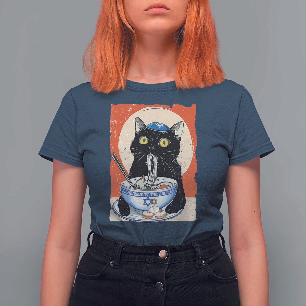 Funny Hanukkah Black Cat Chinese Noodle T Shirt For Women - Wonder Print Shop