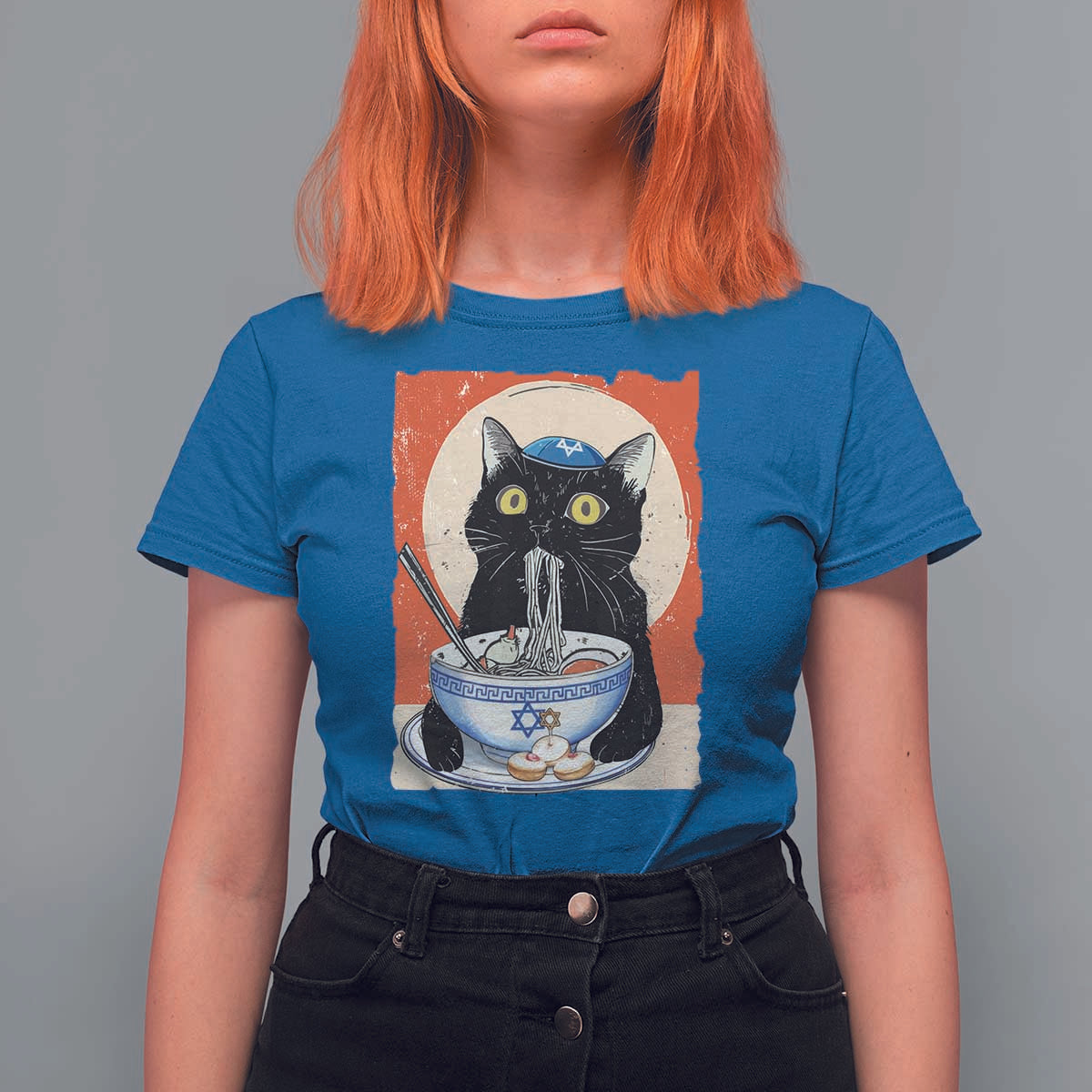 Funny Hanukkah Black Cat Chinese Noodle T Shirt For Women - Wonder Print Shop
