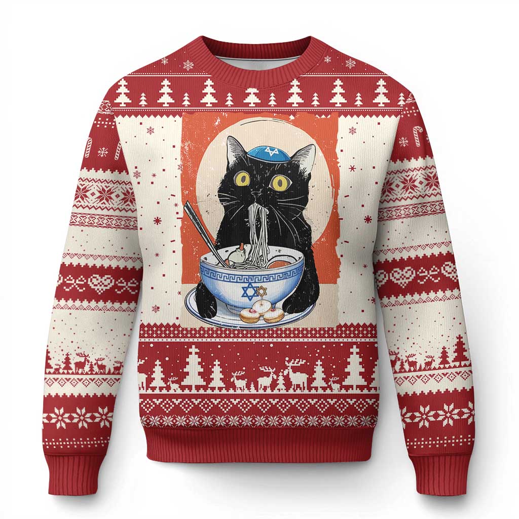 Funny Hanukkah Black Cat Eating Noodle Ugly Christmas Sweater - Wonder Print Shop