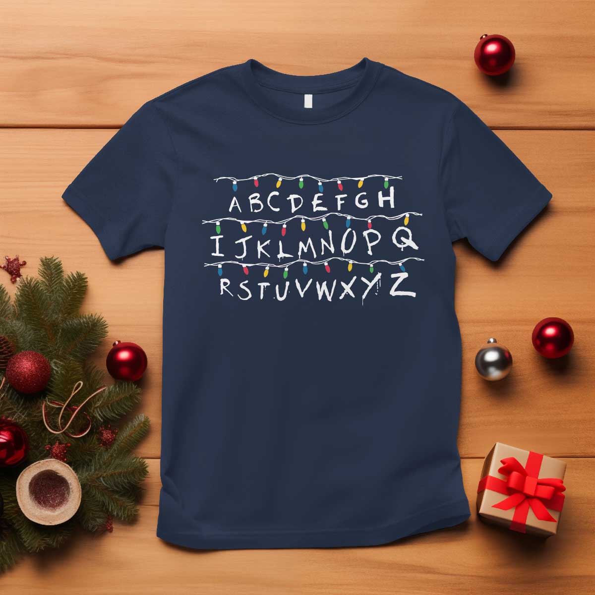 Funny Stranger Christmas T Shirt Alphabet Xmas Lights Movie - Wonder Print Shop