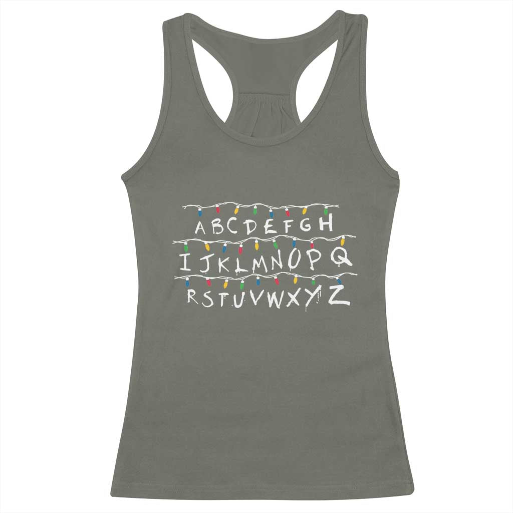 Funny Stranger Christmas Racerback Tank Top Alphabet Xmas Lights Movie - Wonder Print Shop