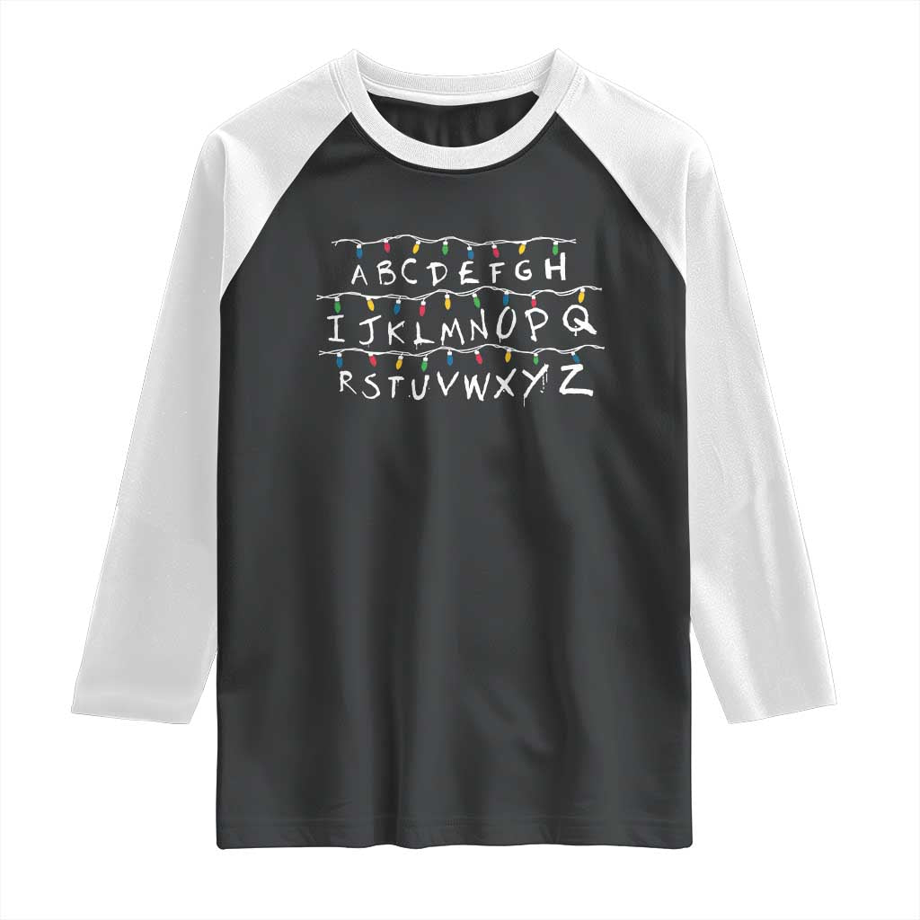 Funny Stranger Christmas Raglan Shirt Alphabet Xmas Lights Movie - Wonder Print Shop