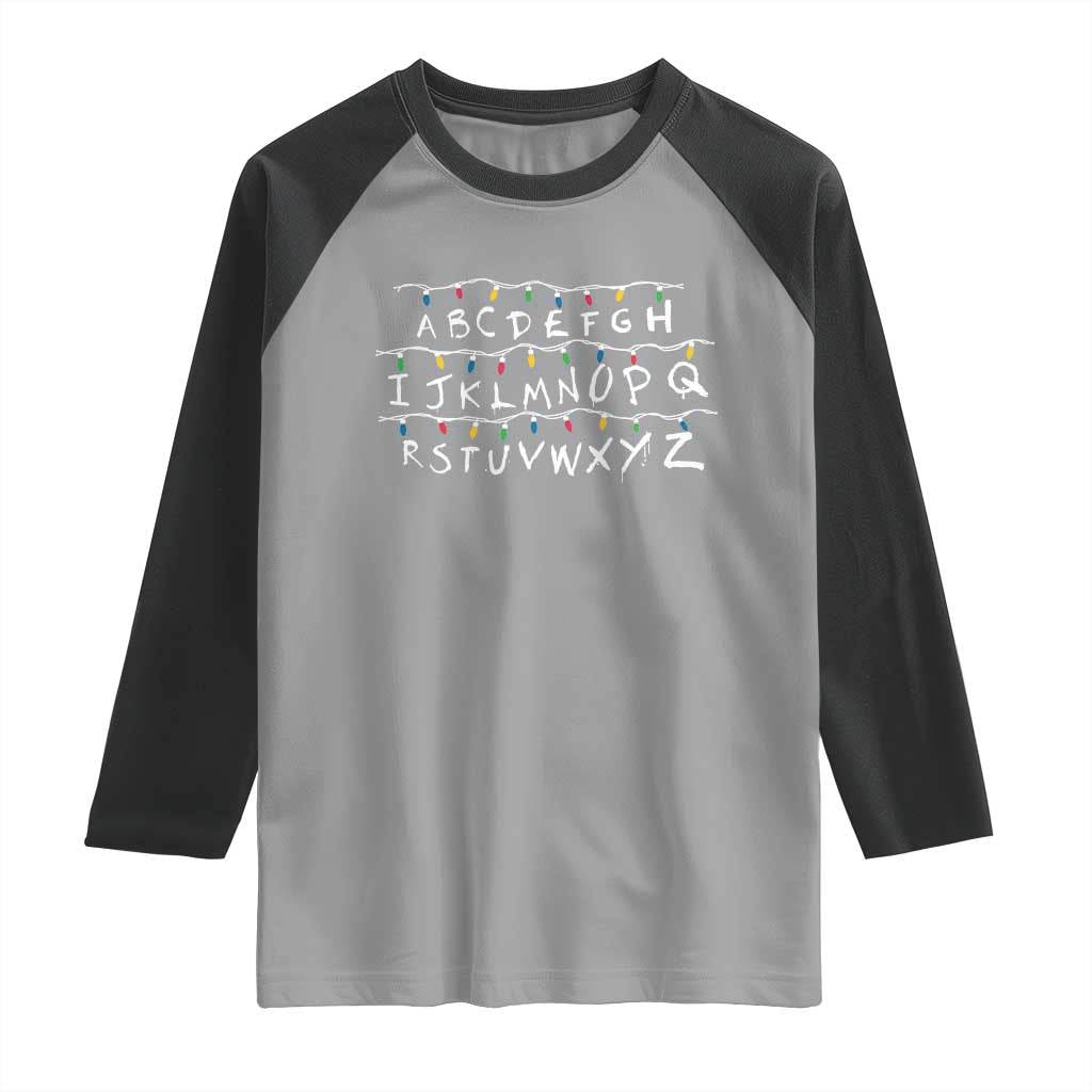 Funny Stranger Christmas Raglan Shirt Alphabet Xmas Lights Movie - Wonder Print Shop