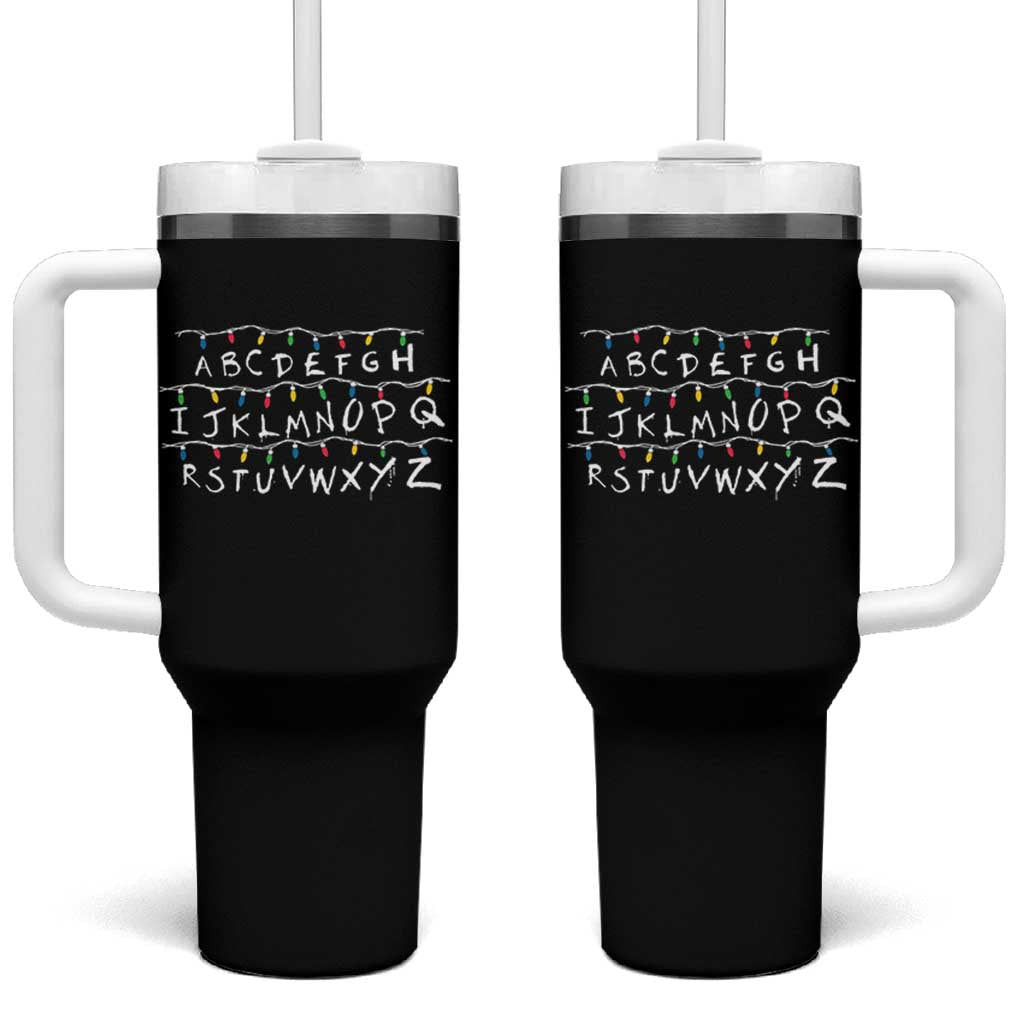 Funny Stranger Christmas Tumbler With Handle Alphabet Xmas Lights Movie - Wonder Print Shop