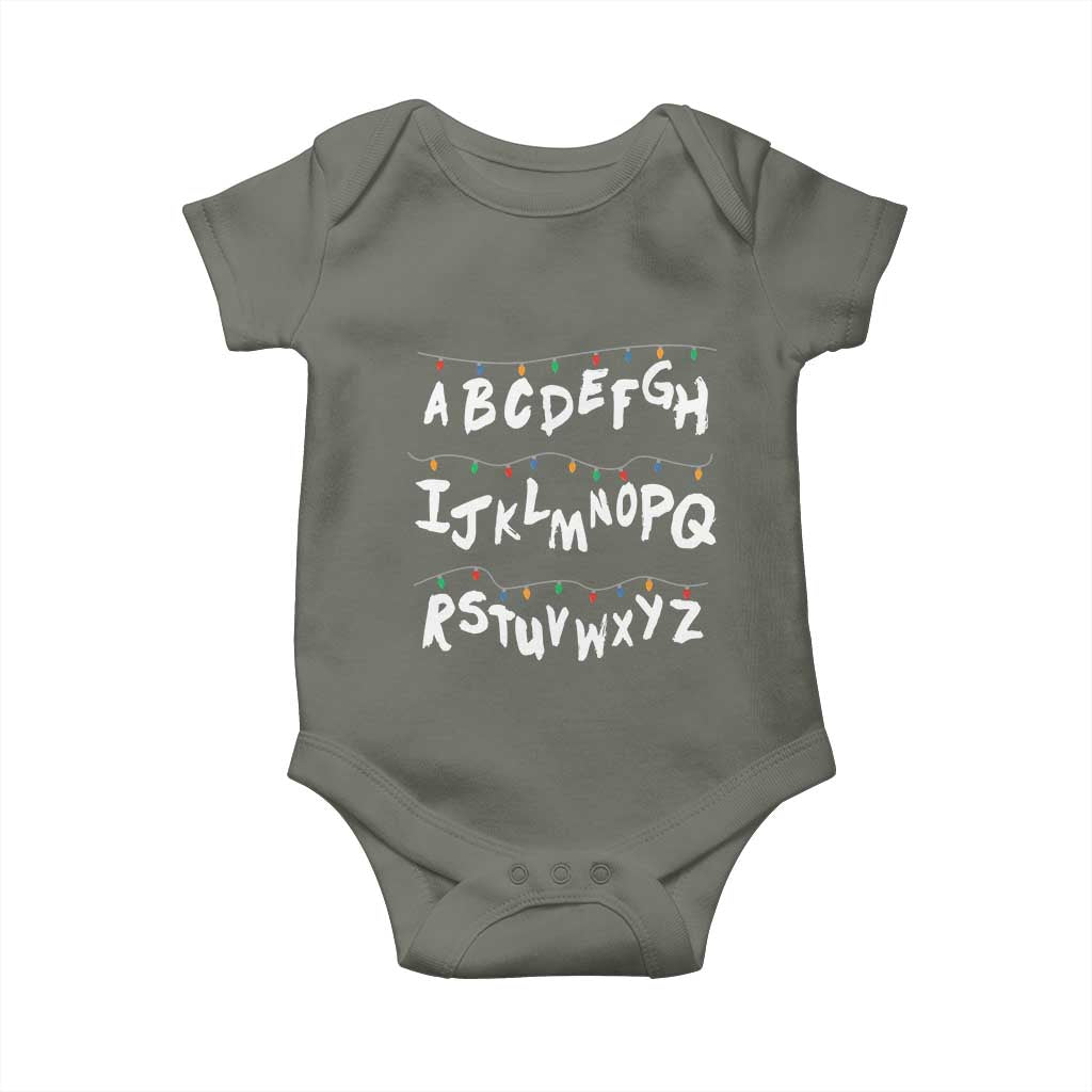 Funny Stranger Christmas Baby Onesie Alphabet Xmas Lights - Wonder Print Shop