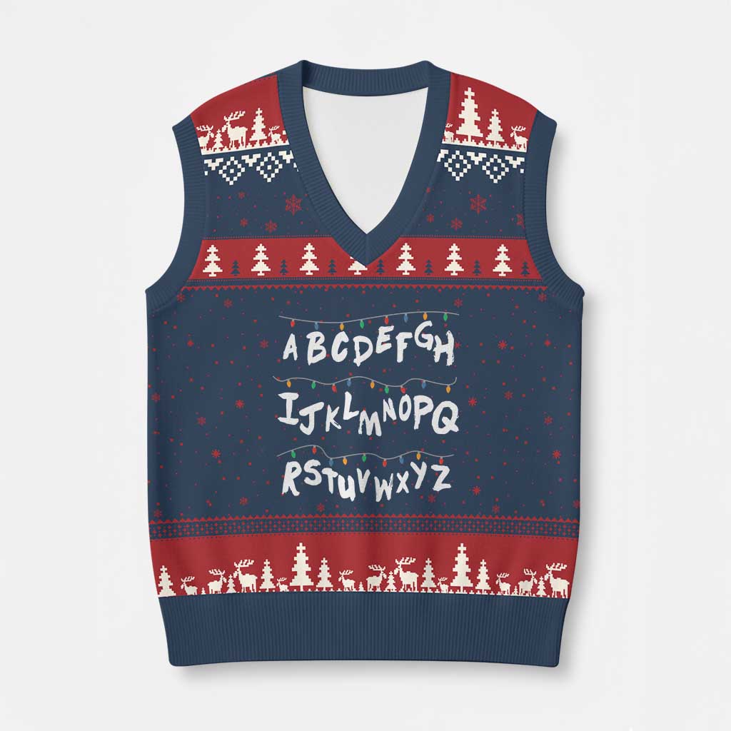 Funny Stranger Xmas V-Neck Knit Sweater Vest Alphabet Xmas Lights - Wonder Print Shop