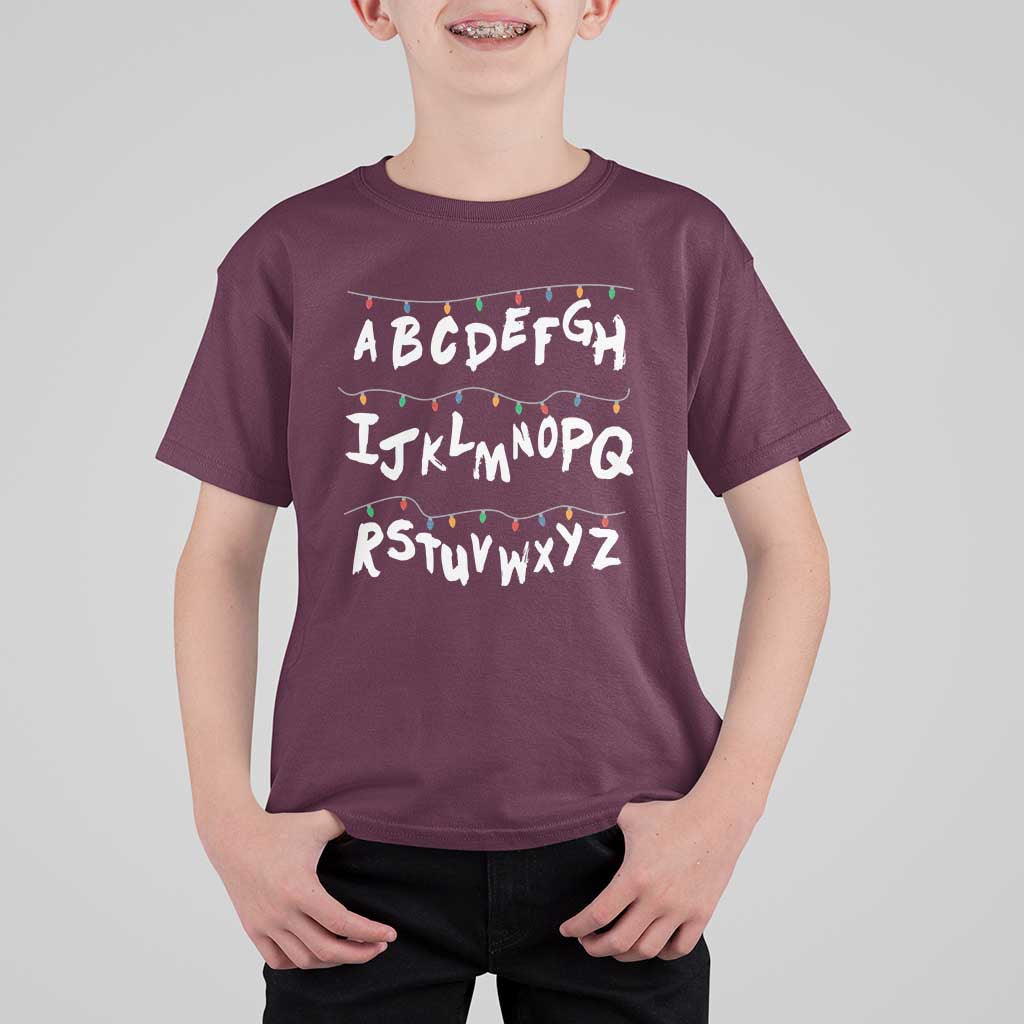 Funny Stranger Christmas T Shirt For Kid Alphabet Xmas Lights - Wonder Print Shop