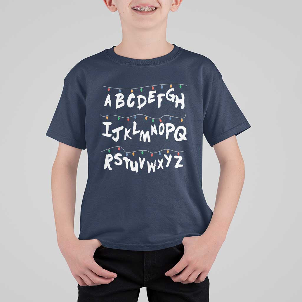 Funny Stranger Christmas T Shirt For Kid Alphabet Xmas Lights - Wonder Print Shop
