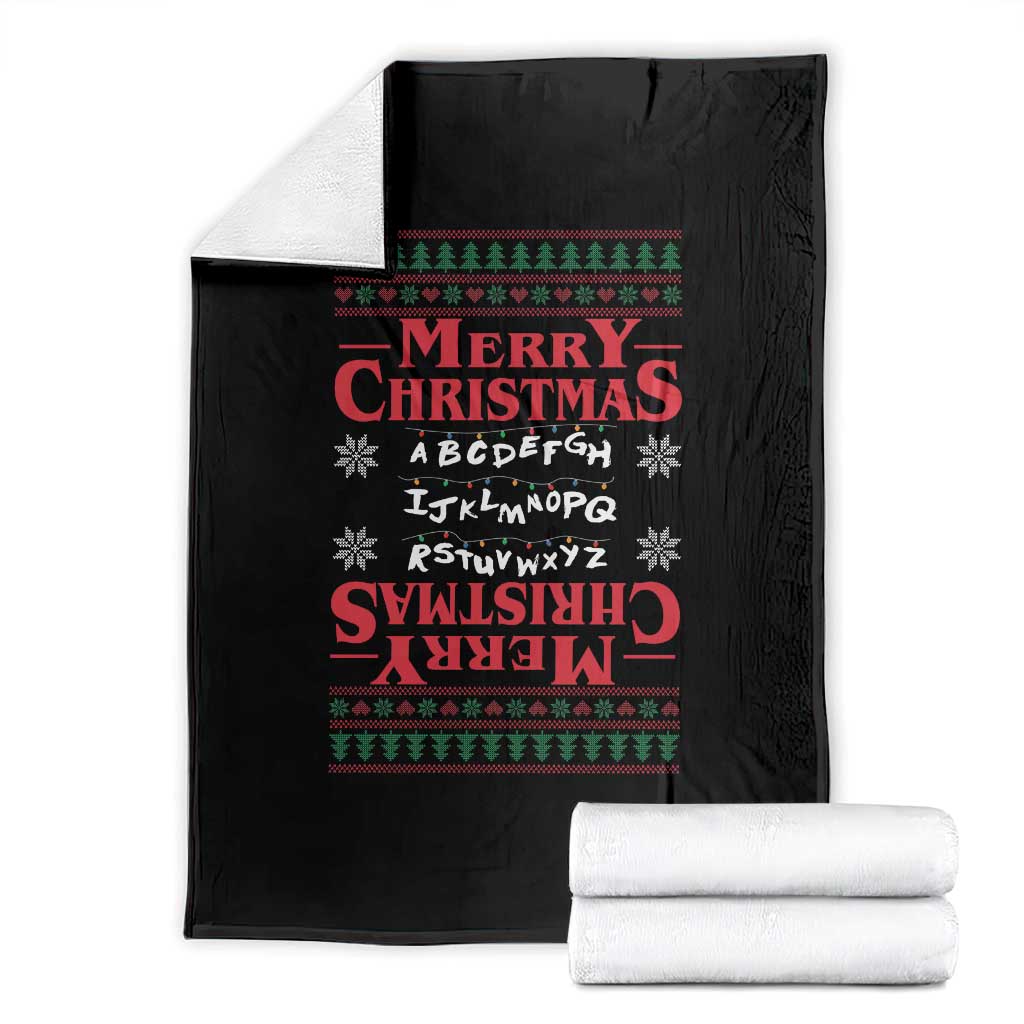 Funny Stranger Xmas Throw Blanket Merry Christmas Alphabet Neon Lights Movie - Wonder Print Shop