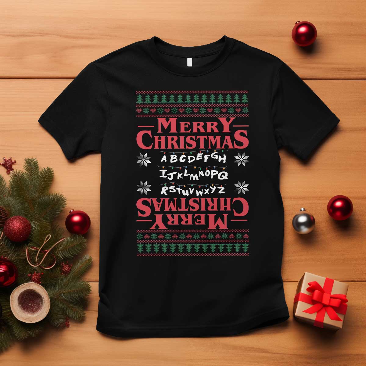 Funny Stranger Xmas T Shirt Merry Christmas Alphabet Neon Lights Movie - Wonder Print Shop
