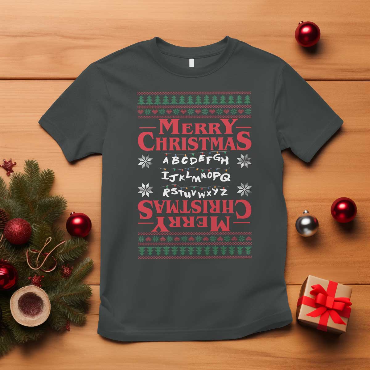 Funny Stranger Xmas T Shirt Merry Christmas Alphabet Neon Lights Movie - Wonder Print Shop