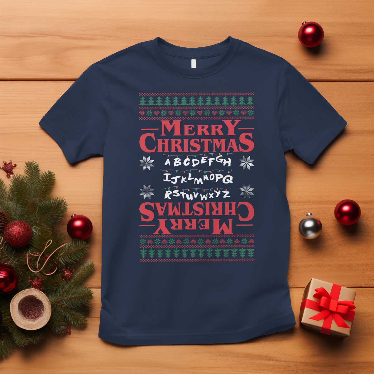 Funny Stranger Xmas T Shirt Merry Christmas Alphabet Neon Lights Movie - Wonder Print Shop