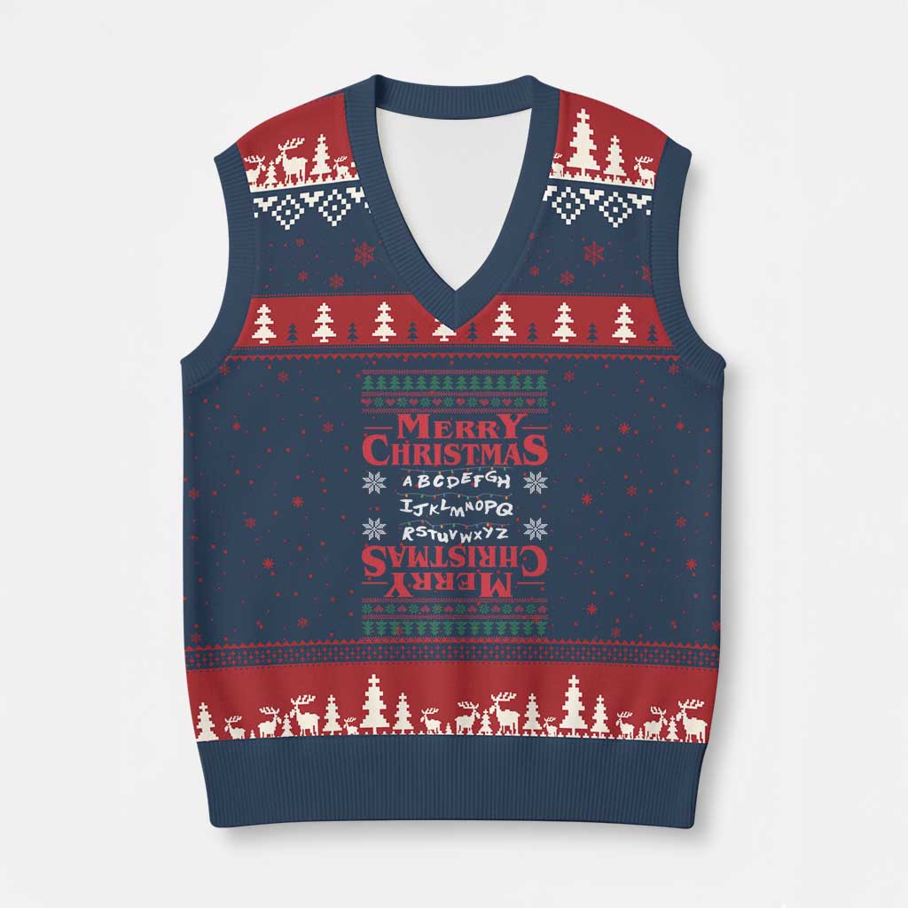 Funny Stranger Xmas V-Neck Knit Sweater Vest Merry Xmas Alphabet Neon Lights Movie - Wonder Print Shop