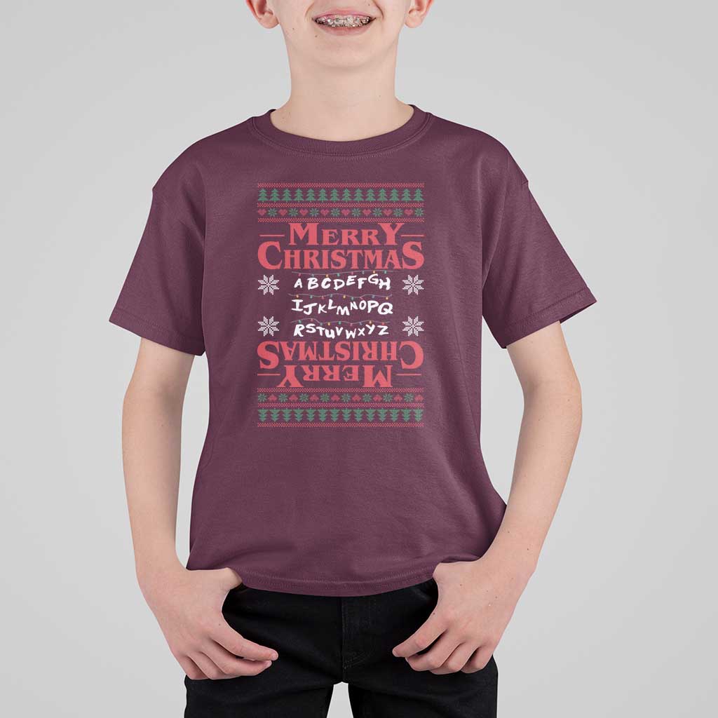 Funny Stranger Xmas T Shirt For Kid Merry Christmas Alphabet Neon Lights Movie - Wonder Print Shop