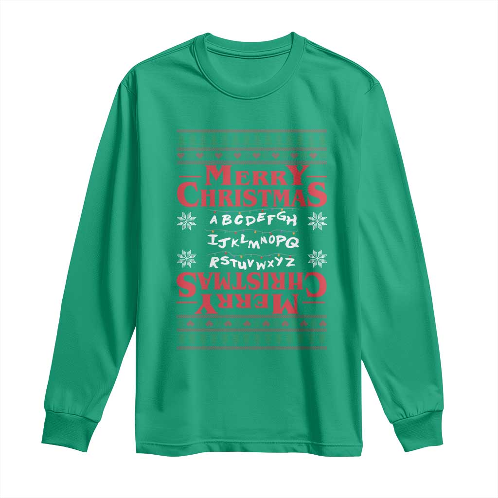Funny Stranger Xmas Long Sleeve Shirt Merry Christmas Alphabet Neon Lights Movie - Wonder Print Shop