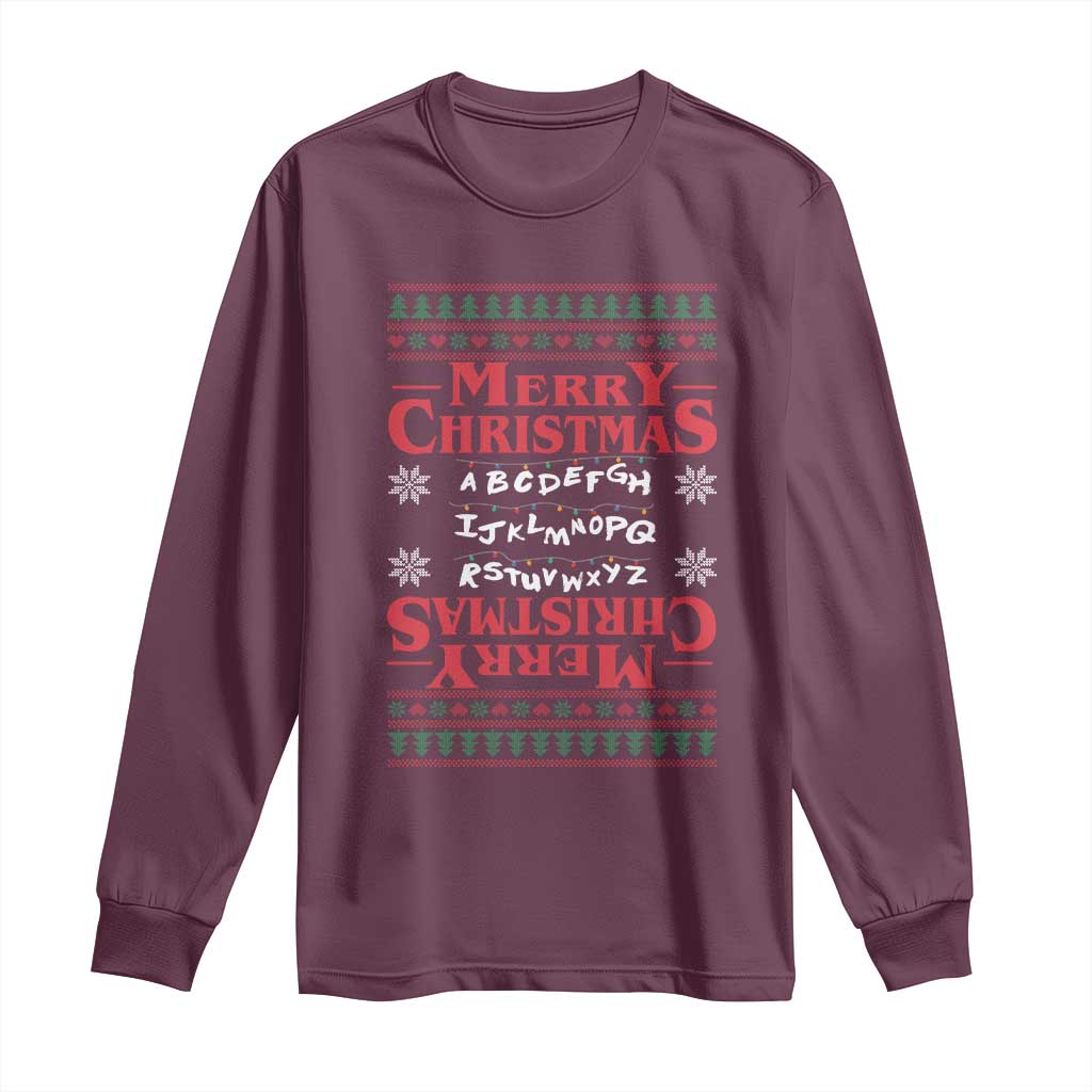 Funny Stranger Xmas Long Sleeve Shirt Merry Christmas Alphabet Neon Lights Movie - Wonder Print Shop