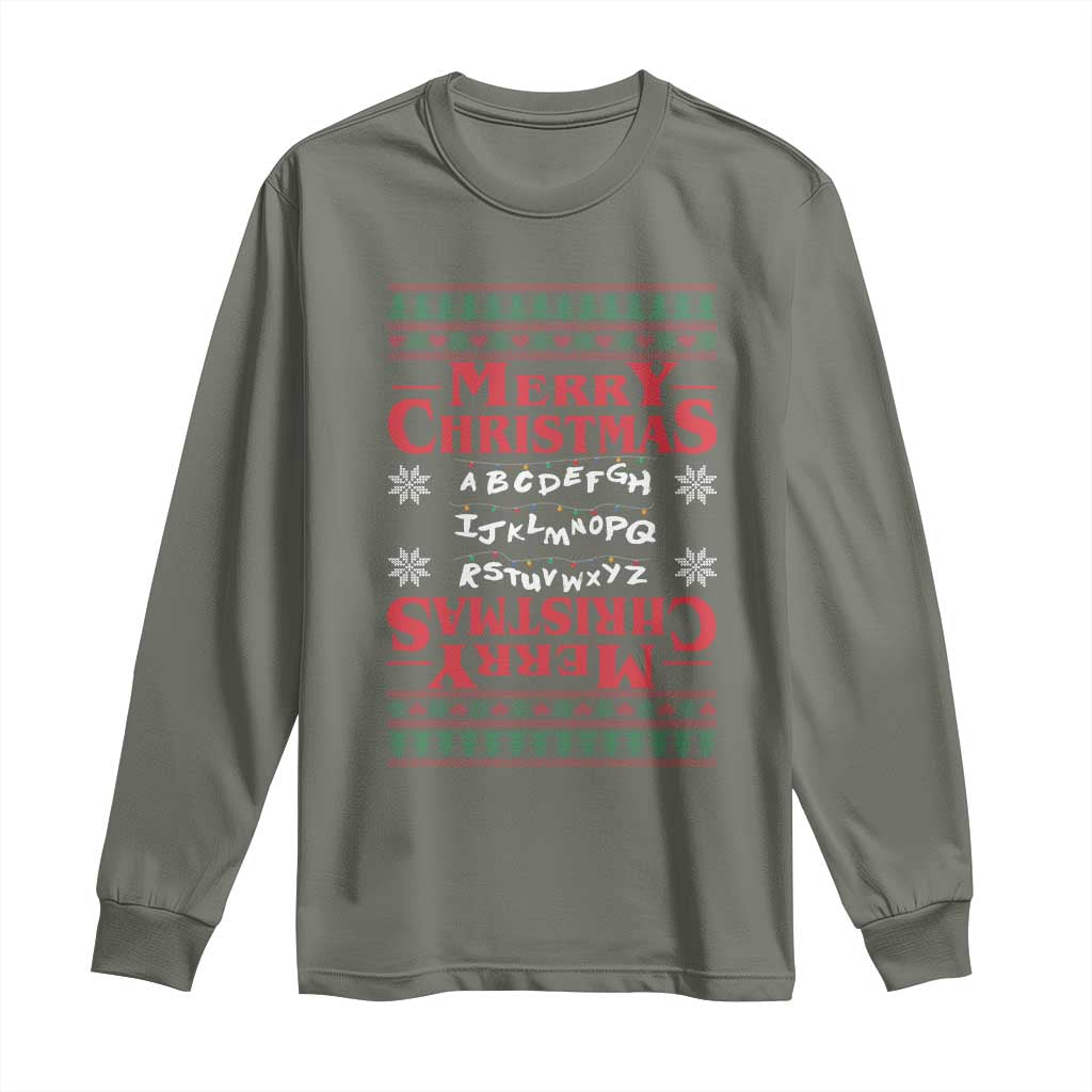 Funny Stranger Xmas Long Sleeve Shirt Merry Christmas Alphabet Neon Lights Movie - Wonder Print Shop