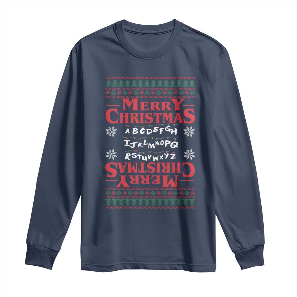 Funny Stranger Xmas Long Sleeve Shirt Merry Christmas Alphabet Neon Lights Movie - Wonder Print Shop