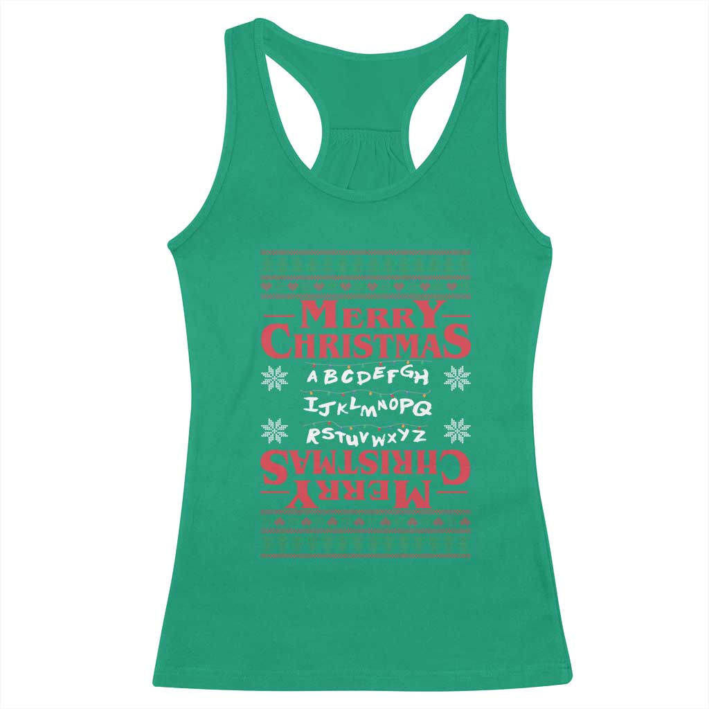 Funny Stranger Xmas Racerback Tank Top Merry Christmas Alphabet Neon Lights Movie - Wonder Print Shop