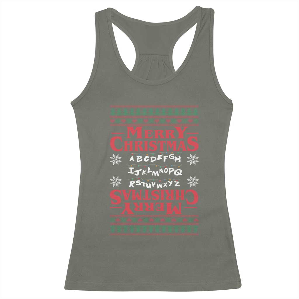 Funny Stranger Xmas Racerback Tank Top Merry Christmas Alphabet Neon Lights Movie - Wonder Print Shop