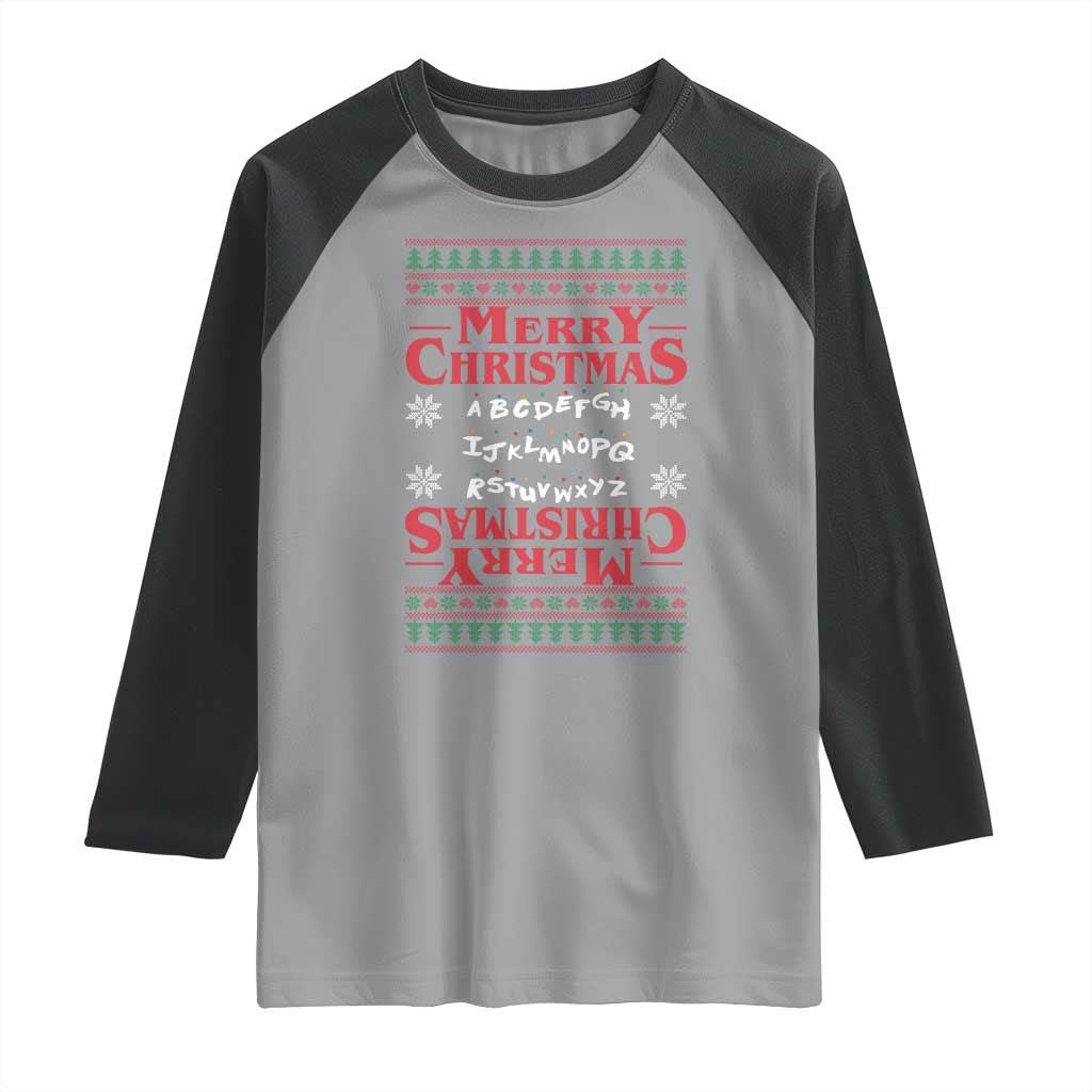 Funny Stranger Xmas Raglan Shirt Merry Christmas Alphabet Neon Lights Movie - Wonder Print Shop