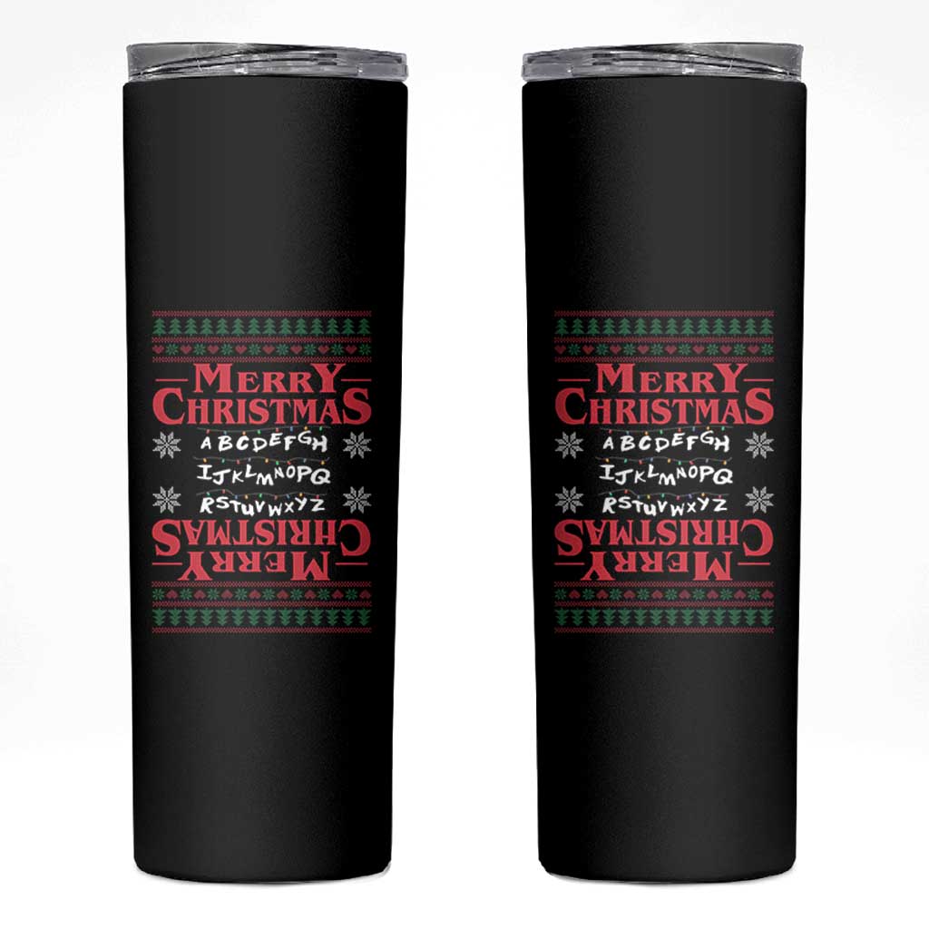 Funny Stranger Xmas Skinny Tumbler Merry Christmas Alphabet Neon Lights Movie - Wonder Print Shop
