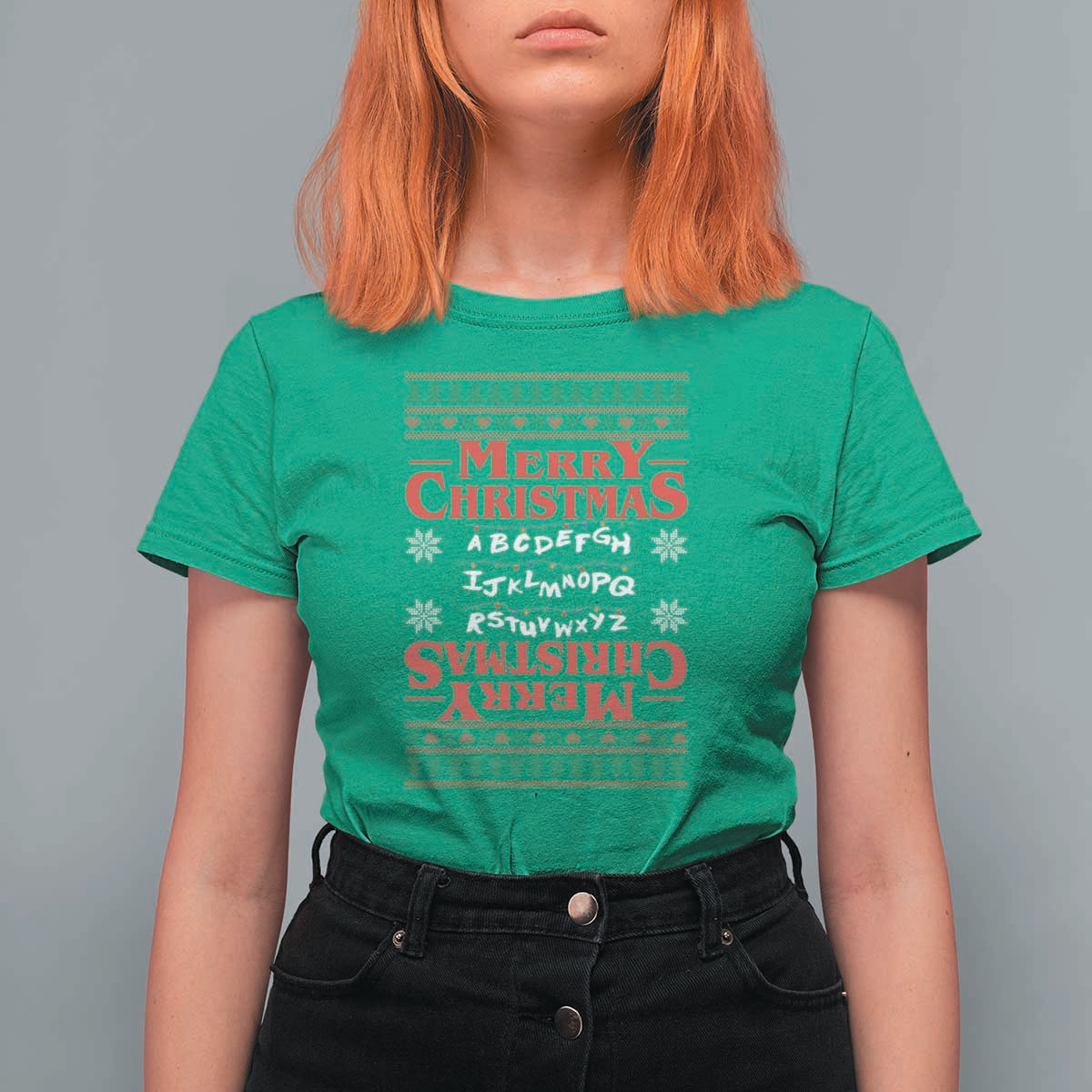 Funny Stranger Xmas T Shirt For Women Merry Christmas Alphabet Neon Lights Movie - Wonder Print Shop