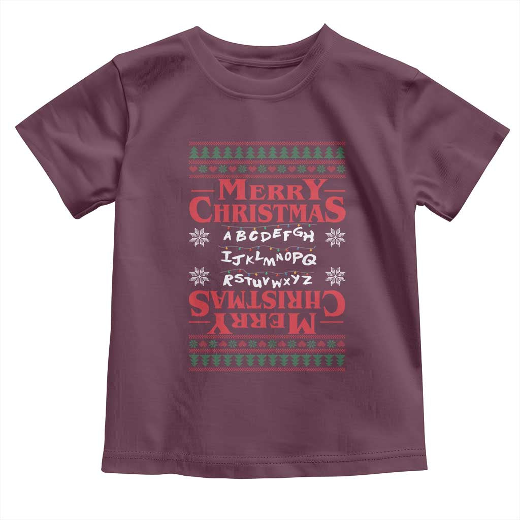 Funny Stranger Xmas Toddler T Shirt Merry Christmas Alphabet Neon Lights Movie - Wonder Print Shop