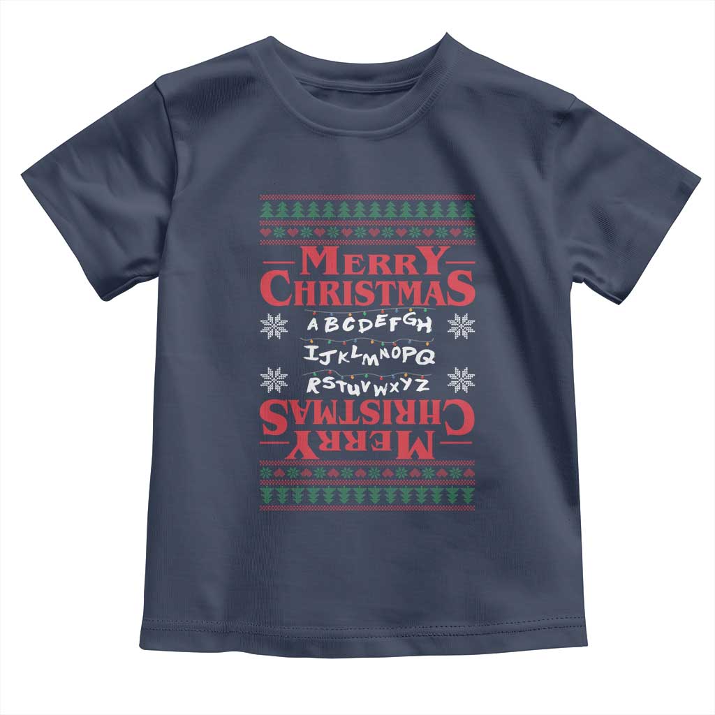 Funny Stranger Xmas Toddler T Shirt Merry Christmas Alphabet Neon Lights Movie - Wonder Print Shop