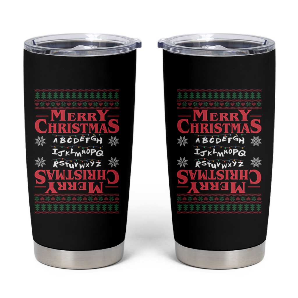 Funny Stranger Xmas Tumbler Cup Merry Christmas Alphabet Neon Lights Movie - Wonder Print Shop
