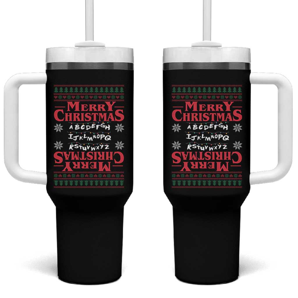 Funny Stranger Xmas Tumbler With Handle Merry Christmas Alphabet Neon Lights Movie - Wonder Print Shop