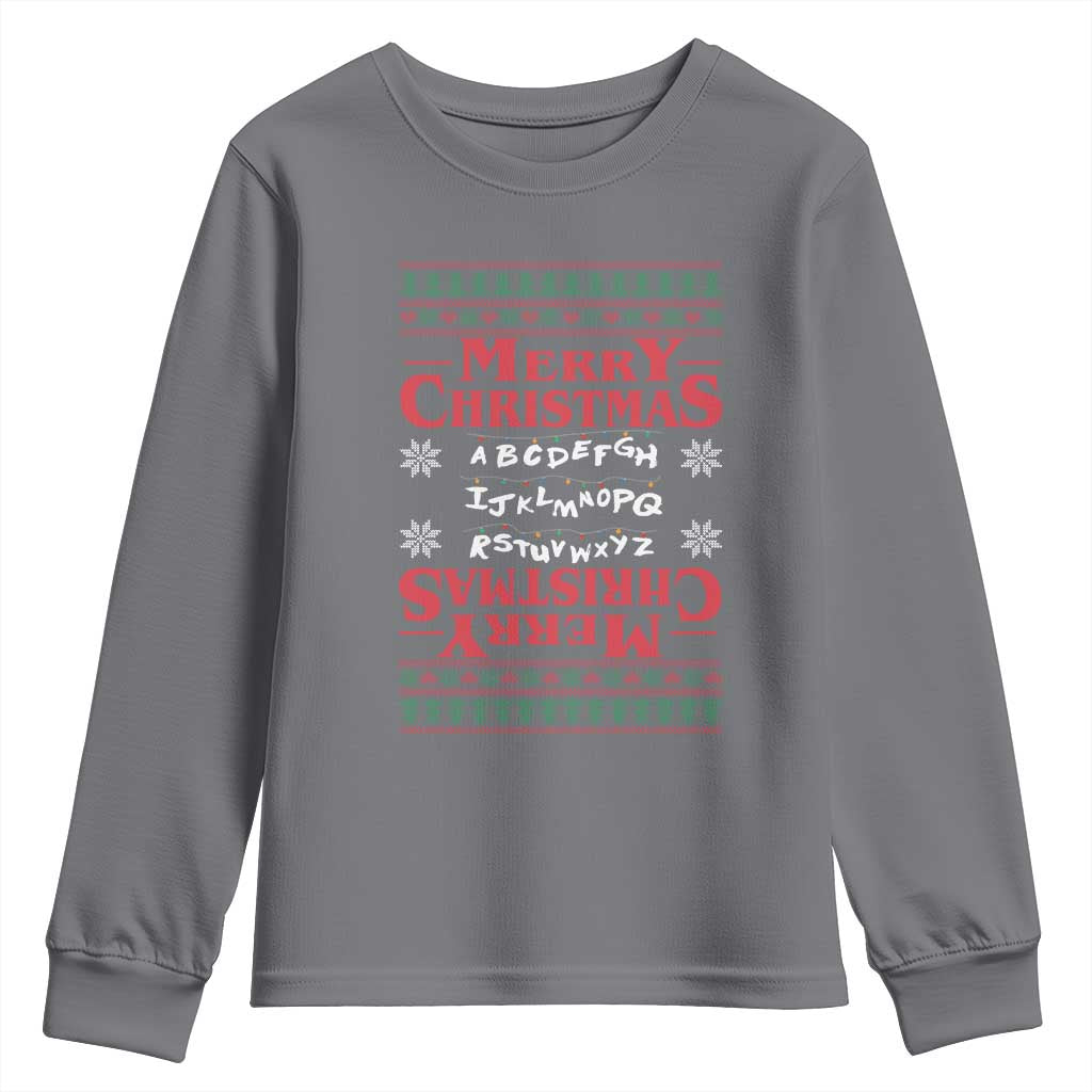 Funny Stranger Xmas Youth Sweatshirt Merry Christmas Alphabet Neon Lights Movie - Wonder Print Shop