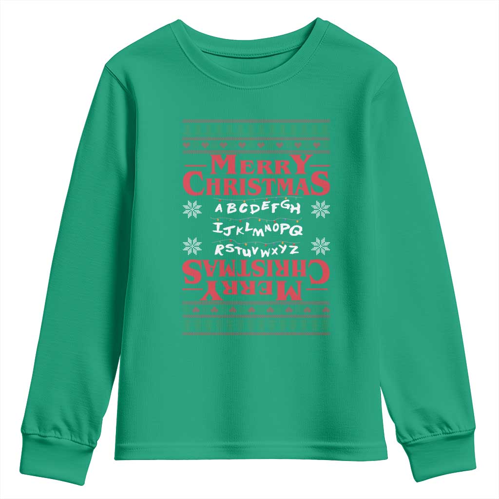 Funny Stranger Xmas Youth Sweatshirt Merry Christmas Alphabet Neon Lights Movie - Wonder Print Shop