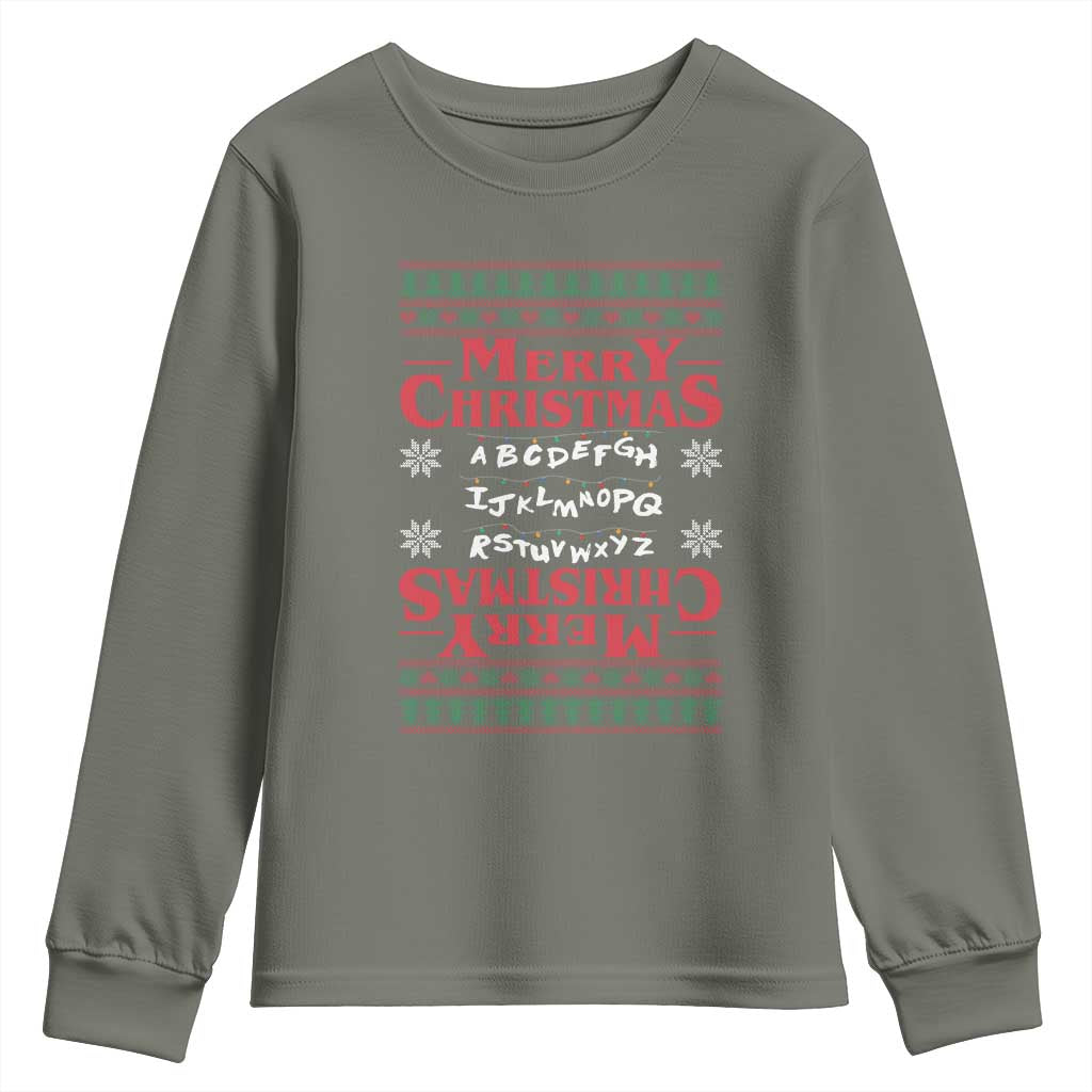Funny Stranger Xmas Youth Sweatshirt Merry Christmas Alphabet Neon Lights Movie - Wonder Print Shop