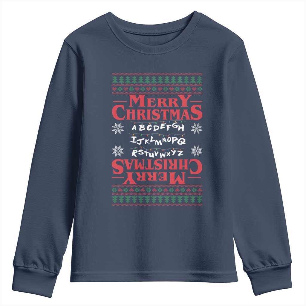 Funny Stranger Xmas Youth Sweatshirt Merry Christmas Alphabet Neon Lights Movie - Wonder Print Shop